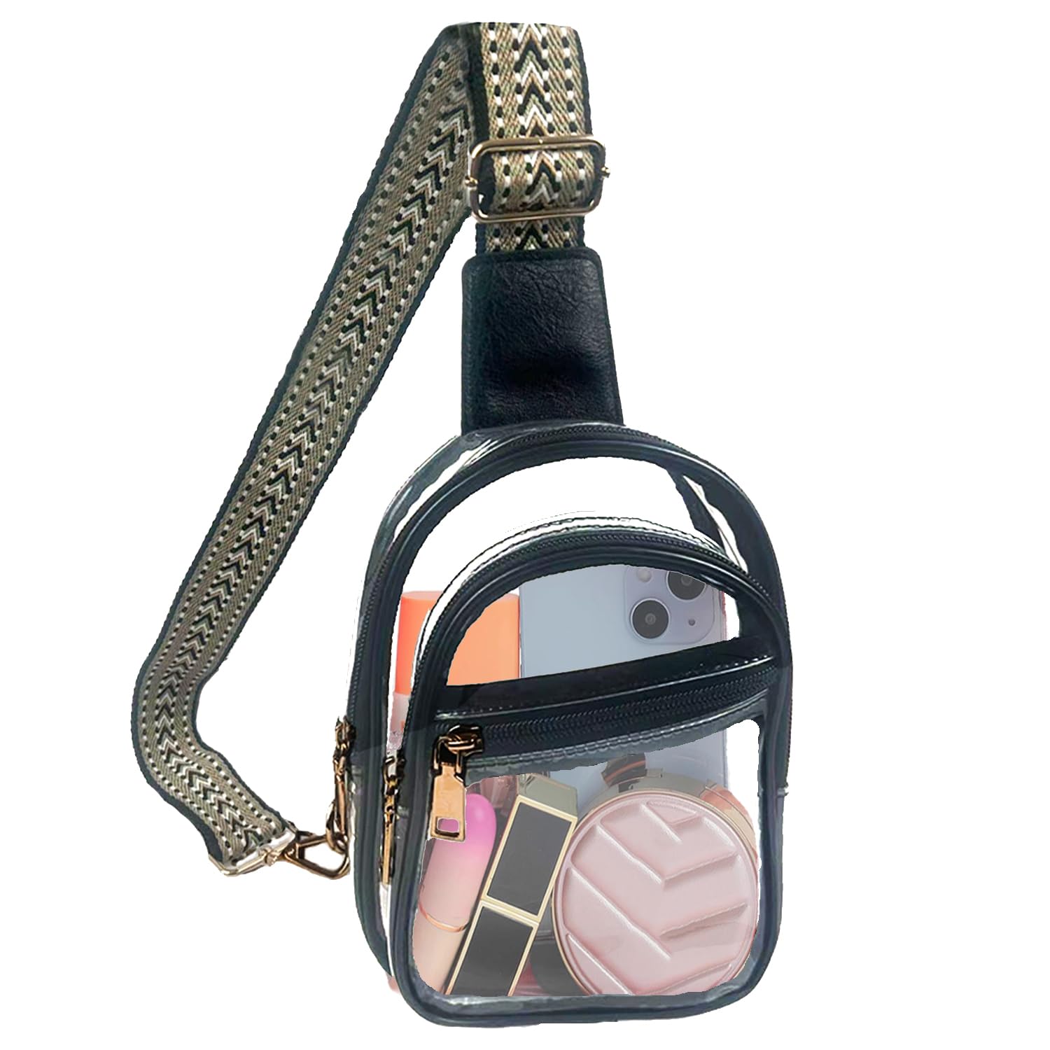 Photo 1 of Vpoofree Clear Bag for Stadium Events Clear Sling Crossbody Chest Bag 3 Pockets Transparent Concert Sports Fanny Pack Purses for Running Travel Work Outdoors Hiking (Black)