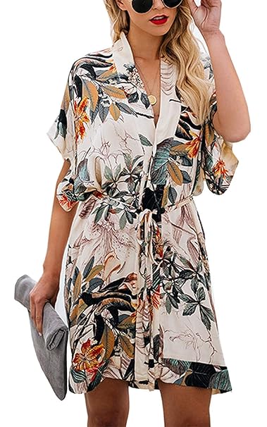 Damen Blumenkleid V-Ausschnitt Freizeit Jumpsuit Kleid Casual Lose Overall A-Linie Sommerkleider mit Gürtel Kurzarm Kleider J