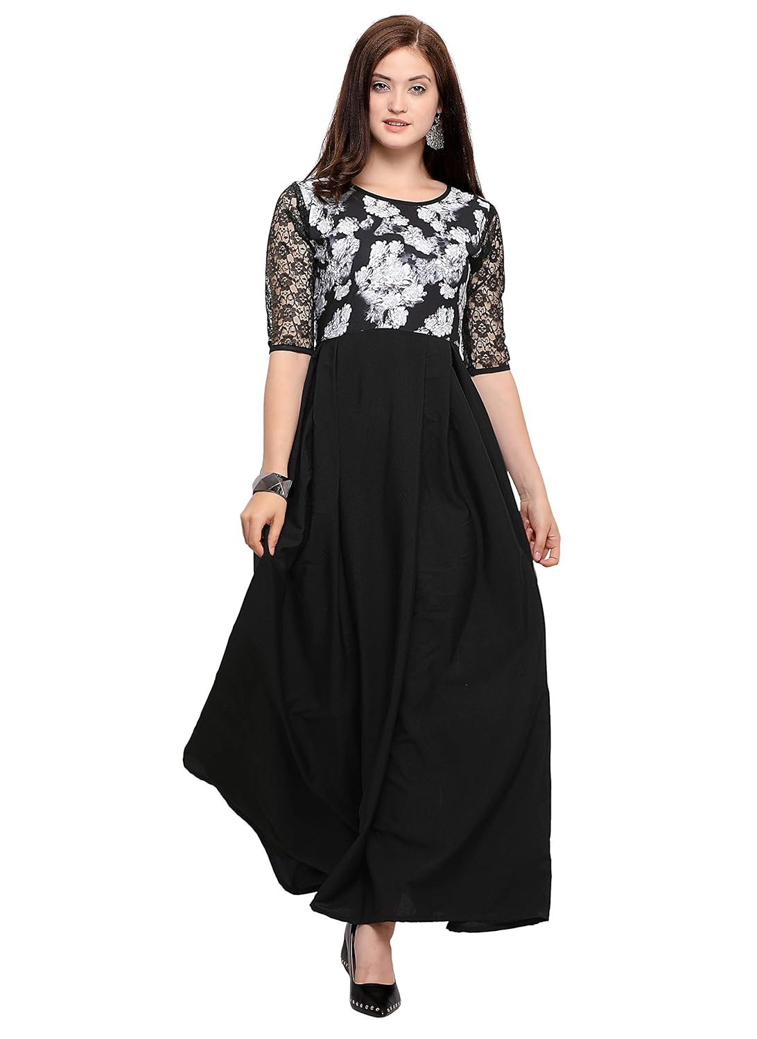 fashion2wear women black maxi digital printed stitched crepe gown
