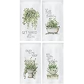 GOOZHO Sage Green Eucalyptus Plant Bathroom Hand Towels, Cottagecore Botanical Funny Quotes Hand Towels for Bathroom Toilet Washroom Restroom, 16x24 Inches Set of 4