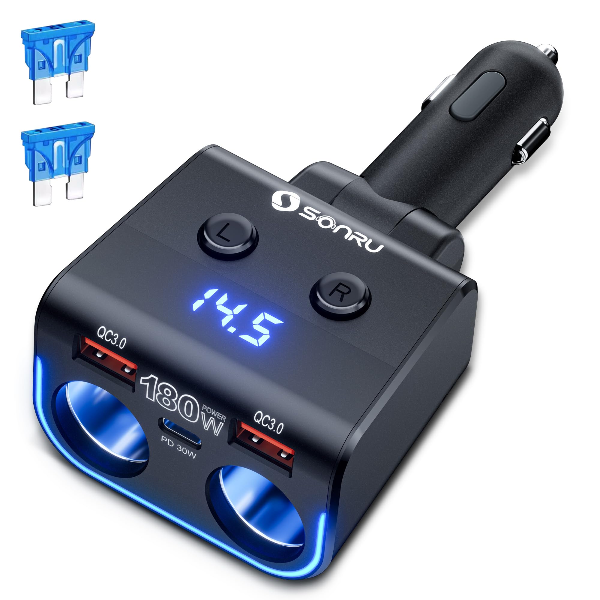 SONRU180W Zigarettenanzünder Verteiler 5 in 1, 24/12 Volt Steckdose Auto Ladegerät KFZ Doppelsteckdose Adapter mit Zwei USB Typ-C Schnellladeanschluss