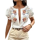 Floerns Women's Floral Puff Sleeve Shirts Crew Neck Button Down Vacation Blouse Tops