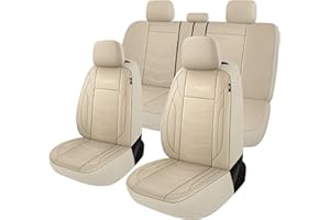 CAROMOP Premium PU Leather Car Seat Covers Full Set,Waterproof Split Bench Covers for Cars, Universal Car Interior Covers Seat Protectors for Sedans SUVs Pick-up Trucks(Beige)