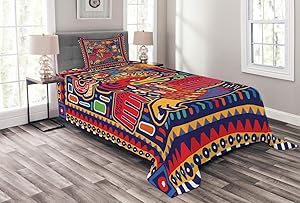 Lunarable Mexican Bedspread, Culture Pattern Colorful Artwork Abstract Snake in Vivid Folk Style, Decorative Quilted 2 Piece Coverlet Set with Pillow Sham, Twin Size, Mustard Orange