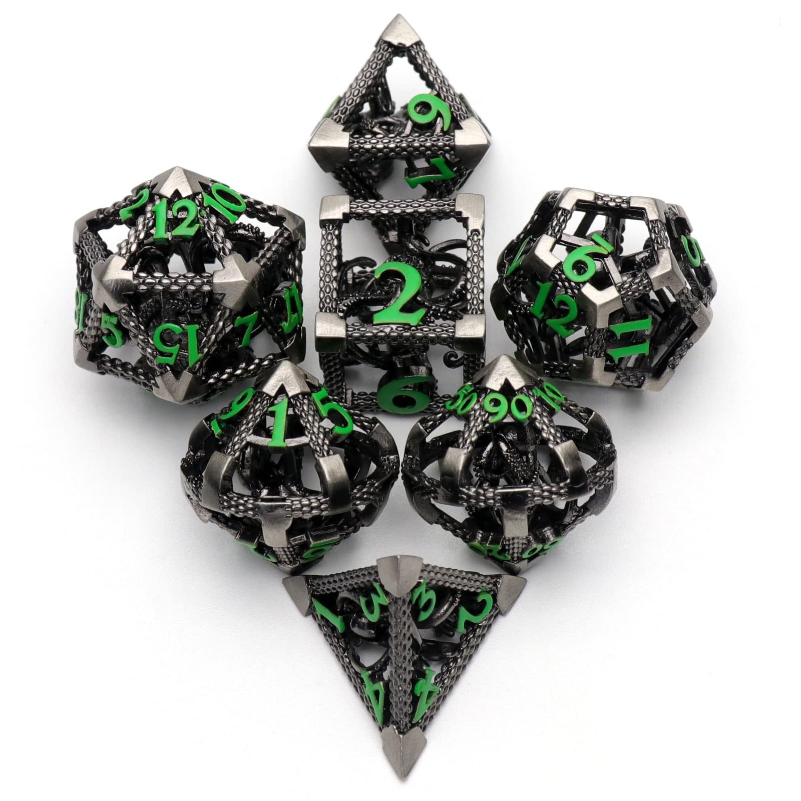 DND Dice, Metal Game Dice Dungeons and Dragons Dice Set HNCCESG Hollow 3D Cthulhu D&D Dice for RPG Table Game (Cthulhu Green Number)