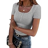 Zeagoo Womens Summer Tops Short Sleeve Shirts Ribbed Knit Square Neck Tshirt Casual Basic Slim Tee