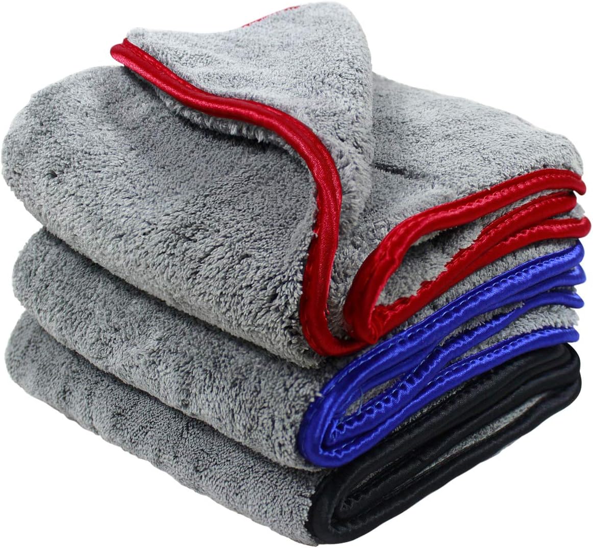 Dokpav Microfibre Car Cleaning Cloths, 3 Pack Professional Grade 1,000 gsm Dual Layer Ultra-Thick Car Drying Towel for Polishing, Waxing, Drying, Auto Detailing Towels, Home Cleaning - 42 x 48 cm.