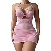 Women's Lingerie Chain Sheer Mesh Ruched Bodycon Mini Night Out Club Dress with Thong 2 Piece Sexy Outfits
