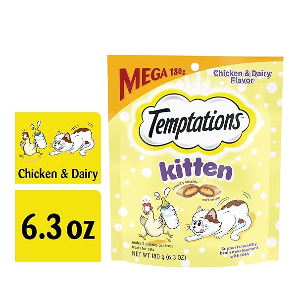 TEMPTATIONS CHICKEN AND DAIRY FLAVOR CRUNCHY AND SOFT KITTEN TREATS, 6.3 OZ.