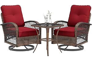 EROMMY 3 Pieces Patio Furniture Set, Outdoor Swivel Rocker Patio Chairs, Wicker Patio Bistro Set with Rocking Chair, Thickened Cushions and Glass Coffee Table for Backyard, Garden, Wine Red
