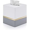 Essentra Home Day and Night Collection Square Tissue Box, White and Grey with Gold Stripe