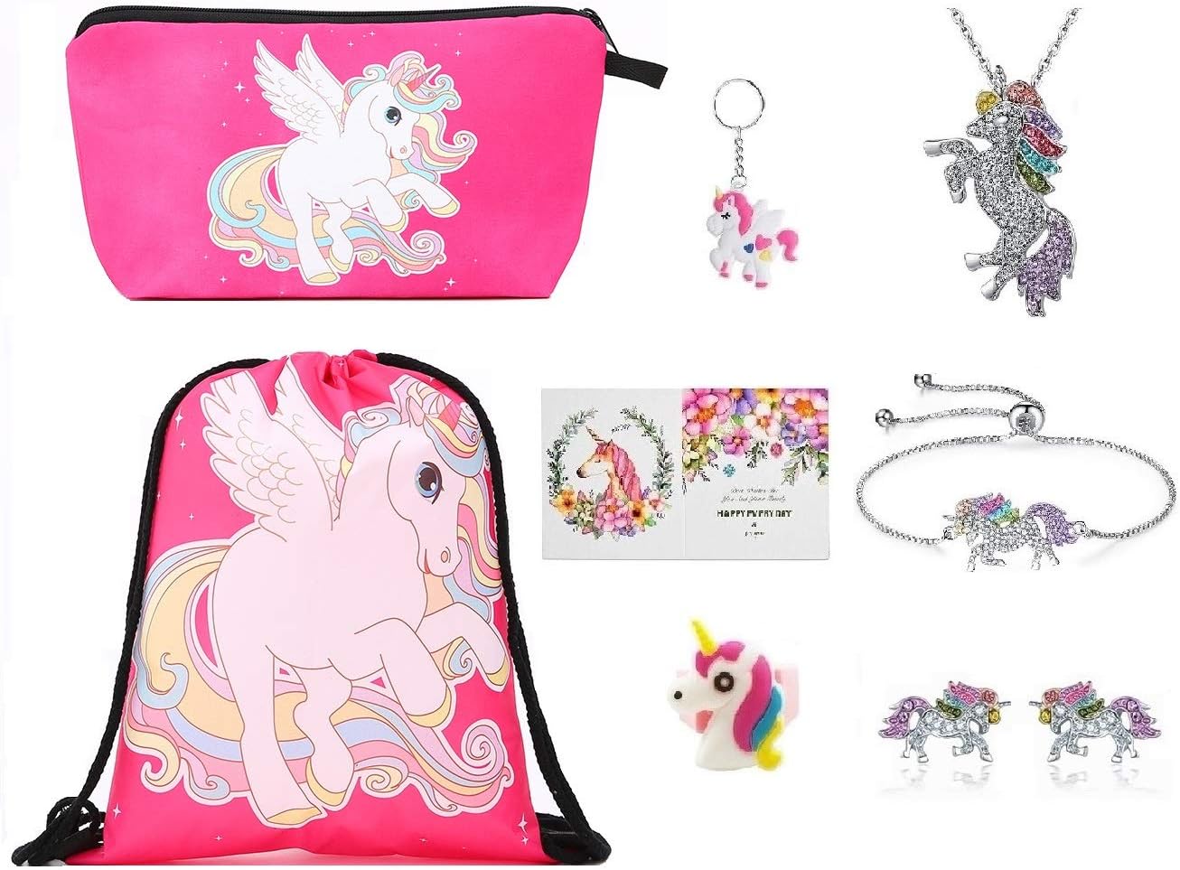 Fanovo Pink Rainbow Unicorn Backpack, Mini Travel Backpack, Shiny Backpack for Girls, Super Cool Leather Daypack + Unicorn/Bracelet/Inspirational Necklace/Ring (A - Drawstring Set F)
