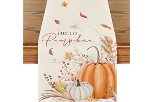 Artoid Mode Hello Pumpkin Flowers Leaves Thanksgiving Table Runner, Seasonal Fall Harvest Vintage Kitchen Dining Table Decoration for Indoor Outdoor Home Party Decor 13 x 72 Inch
