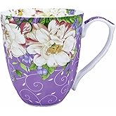 Yaparhill 14oz Bone China Coffee Mug Floral Bone Mug Cute Coffee Mugs Teacup for Women Mom Friend (Romantic Purple)