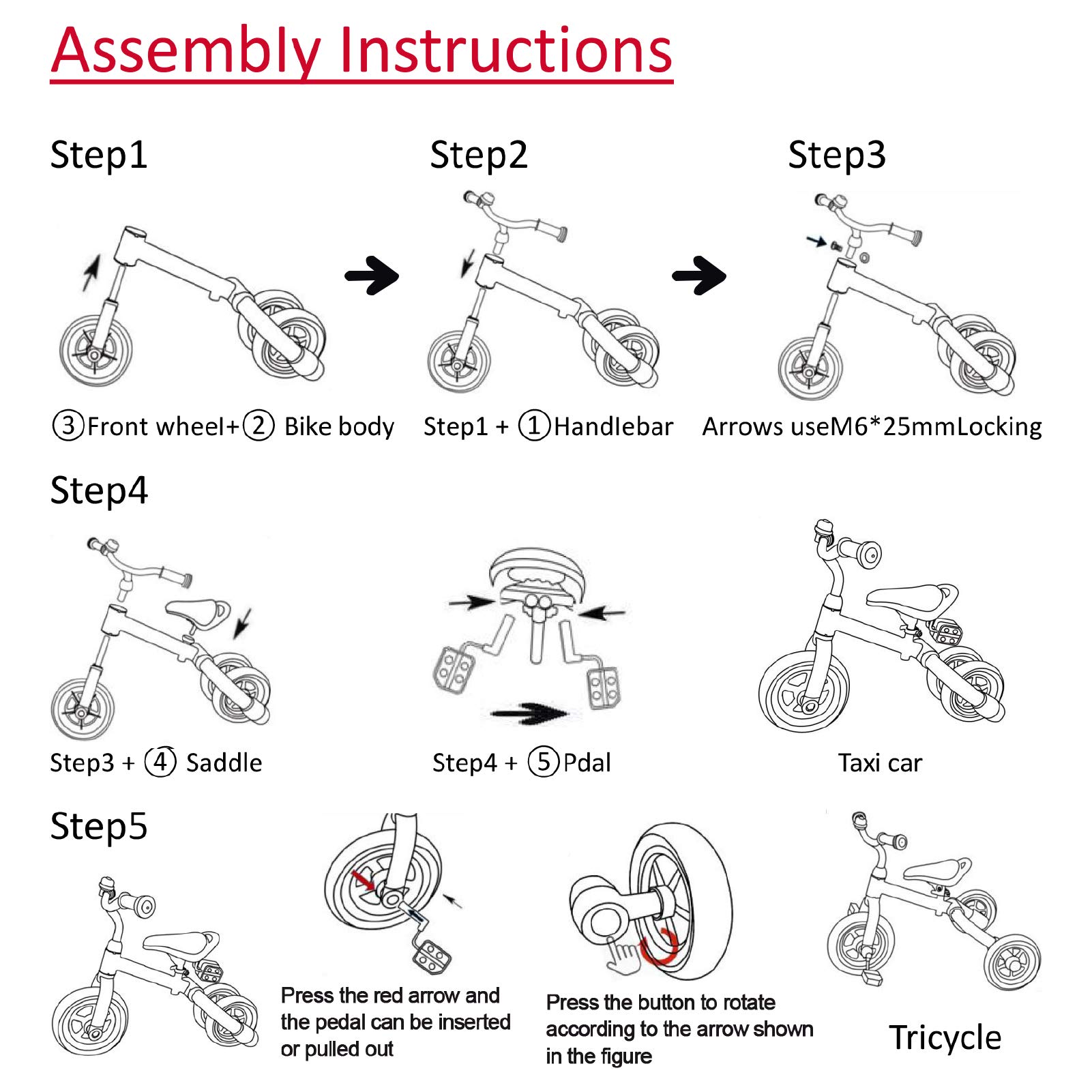 Ancaixin 3 in 1 Toddler Tricycles for 2-5 Years Old Boys and Girls with Detachable Pedal and Bell | Foldable Baby Balance Bike Riding Toys for Kids | Infant Birthday New Year Red