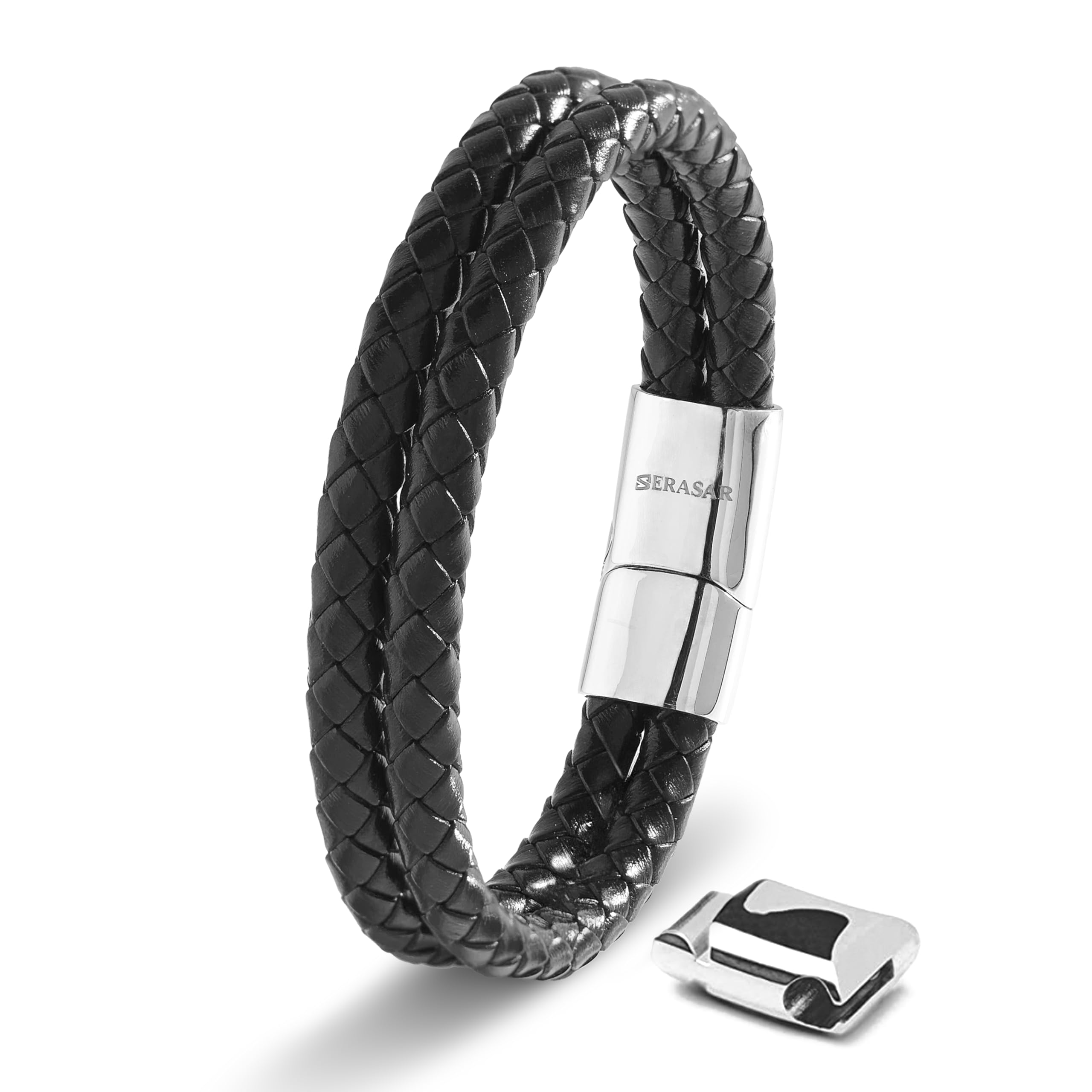 SERASAR 17cm Silver Bracelet Men GiftBox Genuine Leather Cowhide Braided AdjustAble Magnetic Clasp MultiLayer Wrap Jewellery Rope Mans Male Mens Bracelets Band Jewelry Magnet Accessories