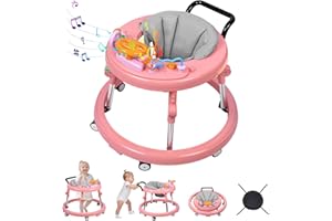 AIRLYA-LIFE Baby Walker, Foldable 9-Gear Height Adjustable Baby Walker with Wheels, Infant Toddler Walker with Music Disk, Anti-Fall Baby Walkers and Activity Center with Foot Pads for Boys and Girls 6-24 Months