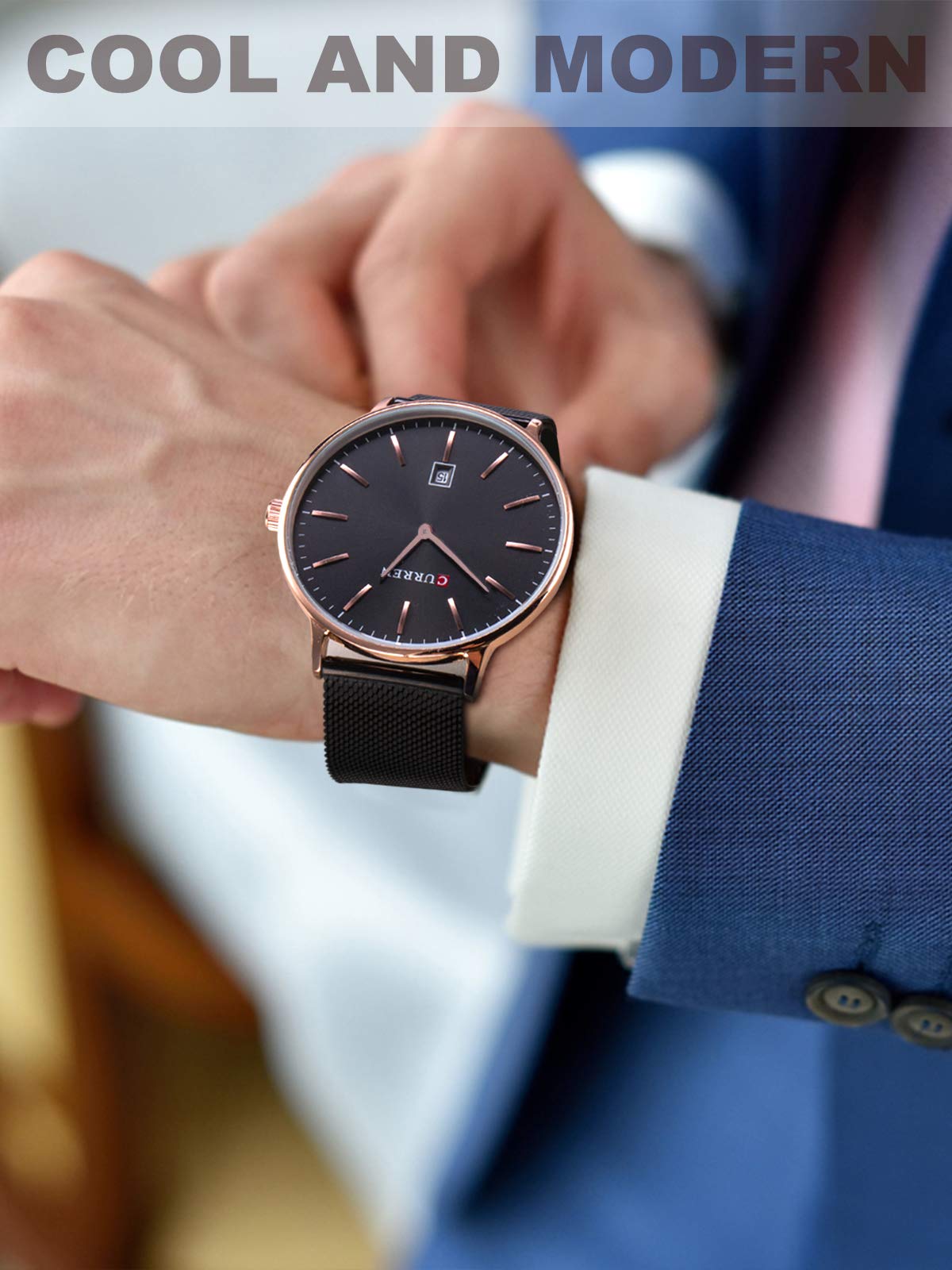 Herren Uhren Edelstahl Mesh Armband Uhren Männer Wasserdicht Datum Kalender Geschäfts Klassisch Analog Quarz Dünn Armbanduhr Gents Luxus Schwarz Uhr mit Schwarz Zifferblat