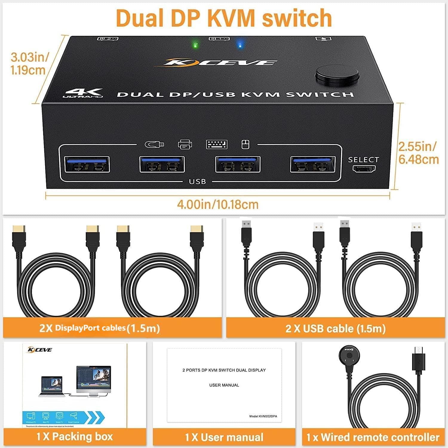 Displayport KVM Switch 2 Monitors 2 Computers, 8K@60Hz 4K@120Hz DP USB 3.0 KVM Switcher for 2 Computers Share 1 Monitor and 4 USB 2.0 Port, Supports Copy and Extend Modes, with Desktop Controller