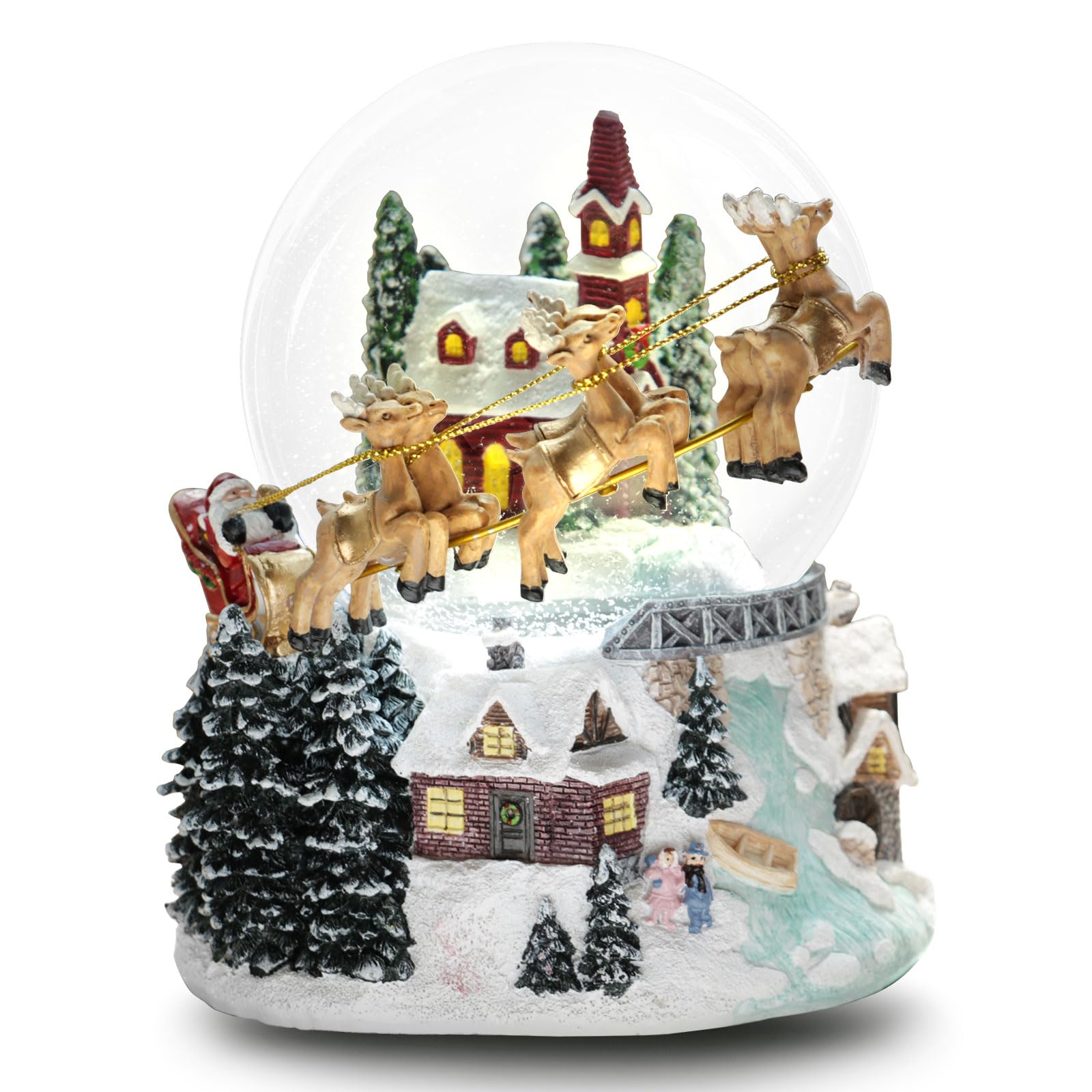 Aobaks Christmas Snow Globe with Led Light and Musical Holiday Decoration Gift, 7 Inch Height Santa Sleigh Reindeer Resin Snow Globe, Christmas Holiday Indoor Decor.