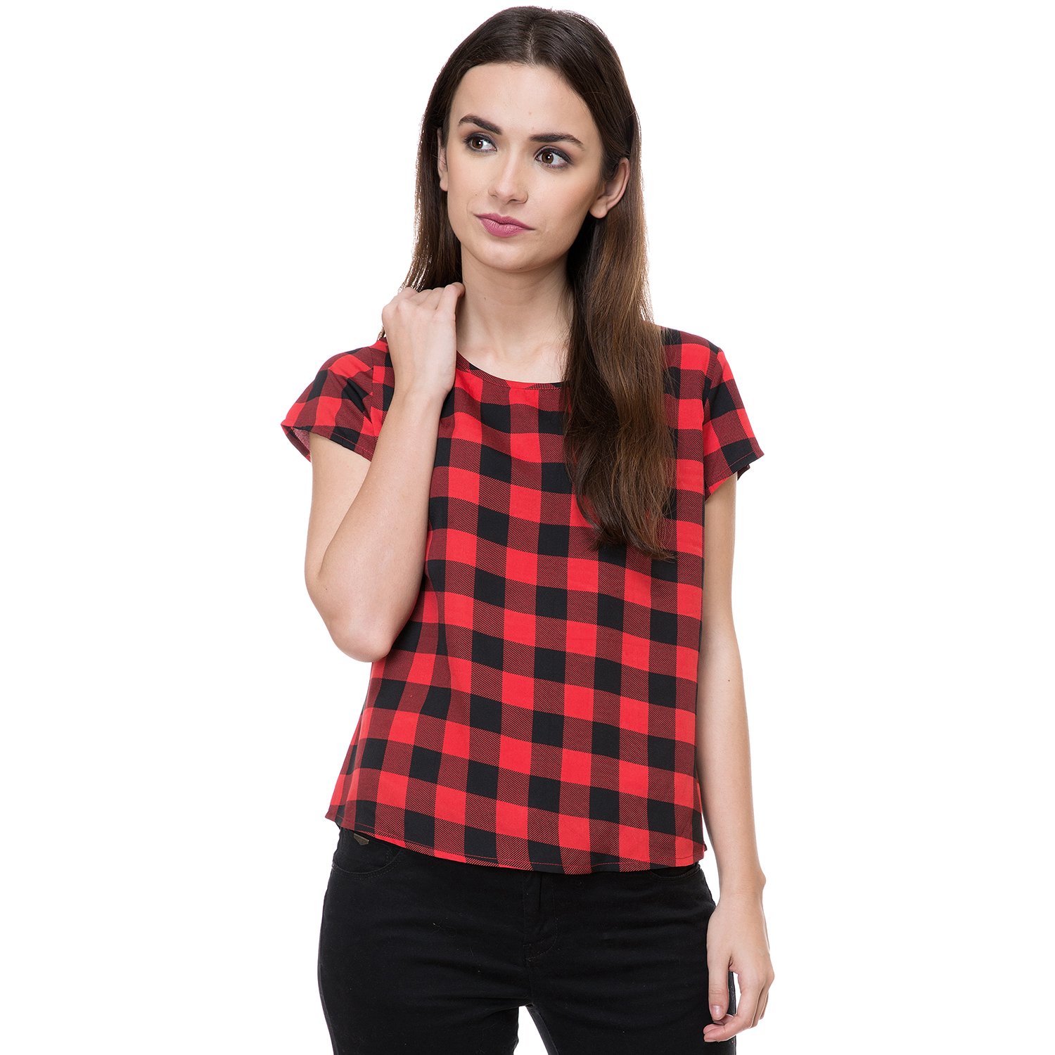 deewa red & black polycrepe round neck casual tops for women