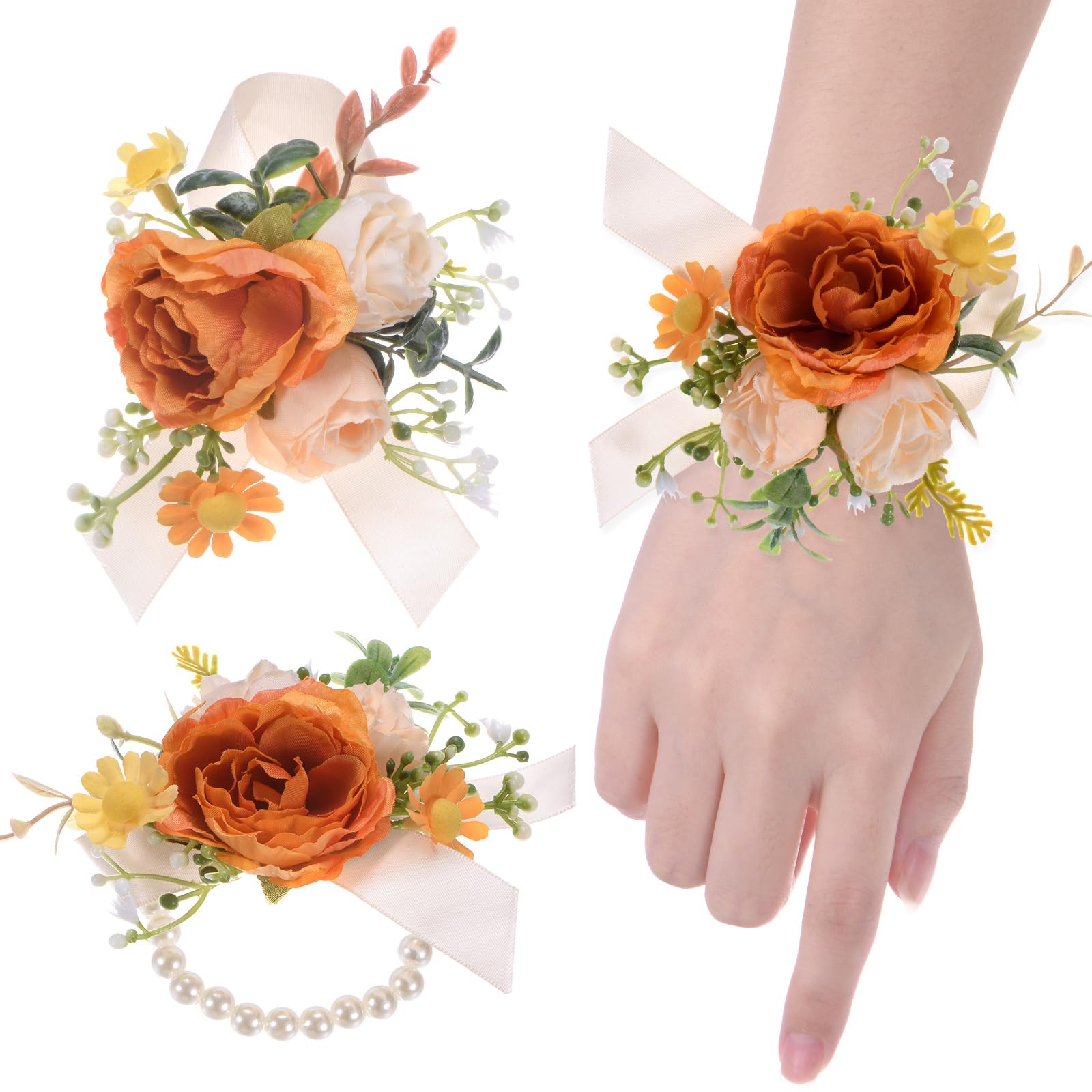 M METERXITY 1-Set Wrist Corsage and Boutonnieres Set, Artificial Camellia Flower Wrist and Men Corsage for Wedding/Party/Prom/Decorations, Flower Wrist Corsage Set [Orange]