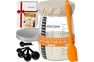 Kikcoin Sourdough Starter Kit, 35oz Large Capacity Sourdough Starter Jar with Date Marked Feeding Band, Thermometer, Stainless Steel Lid, Measuring Spoons, Reusable Sourdough Bread Baking Supplies