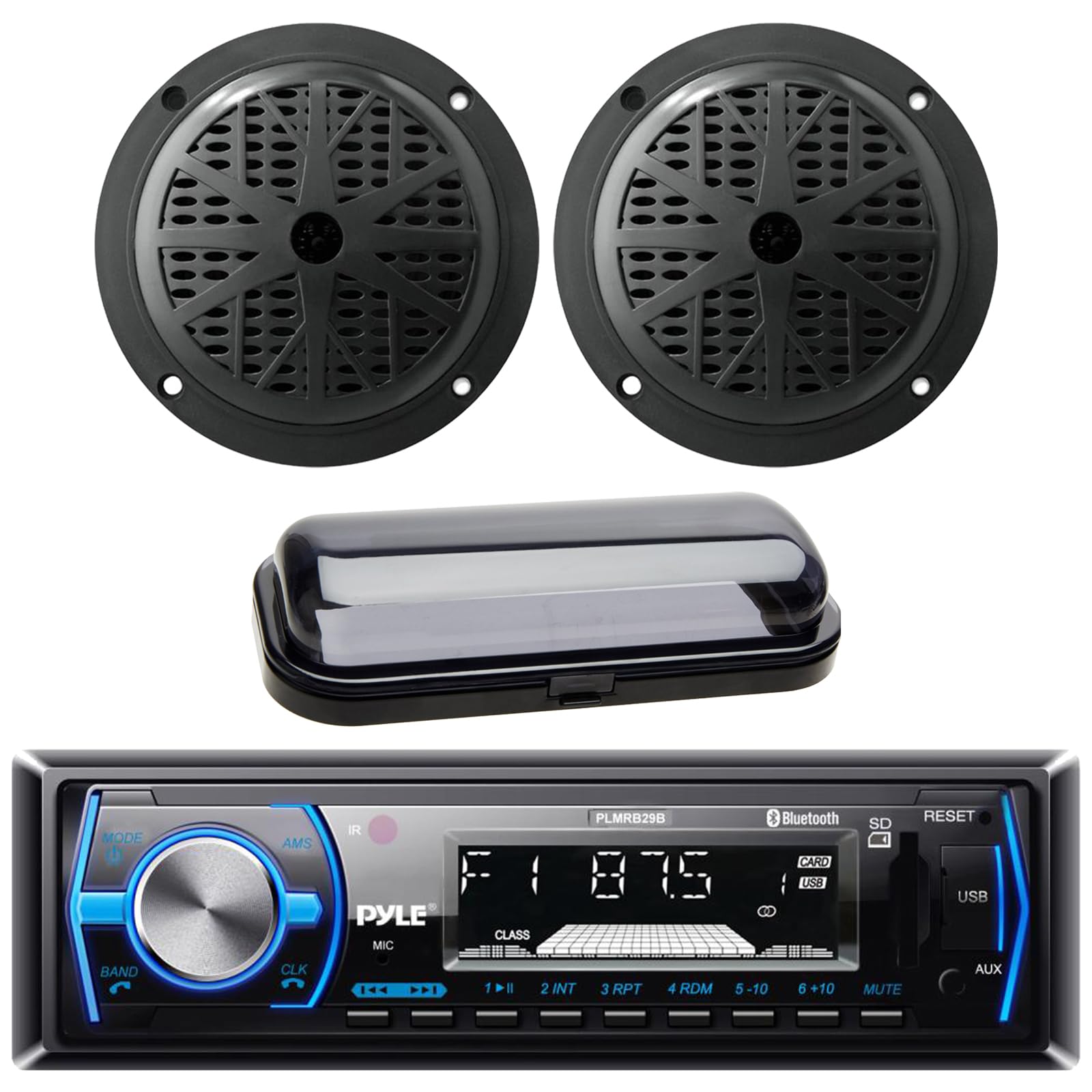 Pyle Receptor estéreo USB/AM/FM con Bluetooth marino de un solo DIN con control remoto, 2 altavoces de audio negros impermeables de doble cono de 4 pulgadas, 100 vatios de potencia máxima, protector de radio