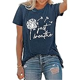 Just Breathe Dandelion T-Shirt for Women Dandelion Graphic Tees Short Sleeve Christian Shirts Tops