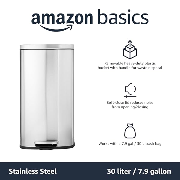 AMAZON BASICS SMUDGE RESISTANT RECTANGULAR TRASH CAN WITH SOFT-CLOSE LID, FOOT PEDAL, REMOVABLE INNER BUCKET, 30 LITER/7.9 GALLON, BRUSHED STAINLESS STEEL, SATIN NICKEL FINISH, 13.8″L X 11.8″W X 25″H