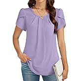 FUNLINGO Womens Tops Dressy Casual Summer Tunic Chiffon Blouse Pleated Front Crew Neck Shirts Loose Fit Business Flowy Top