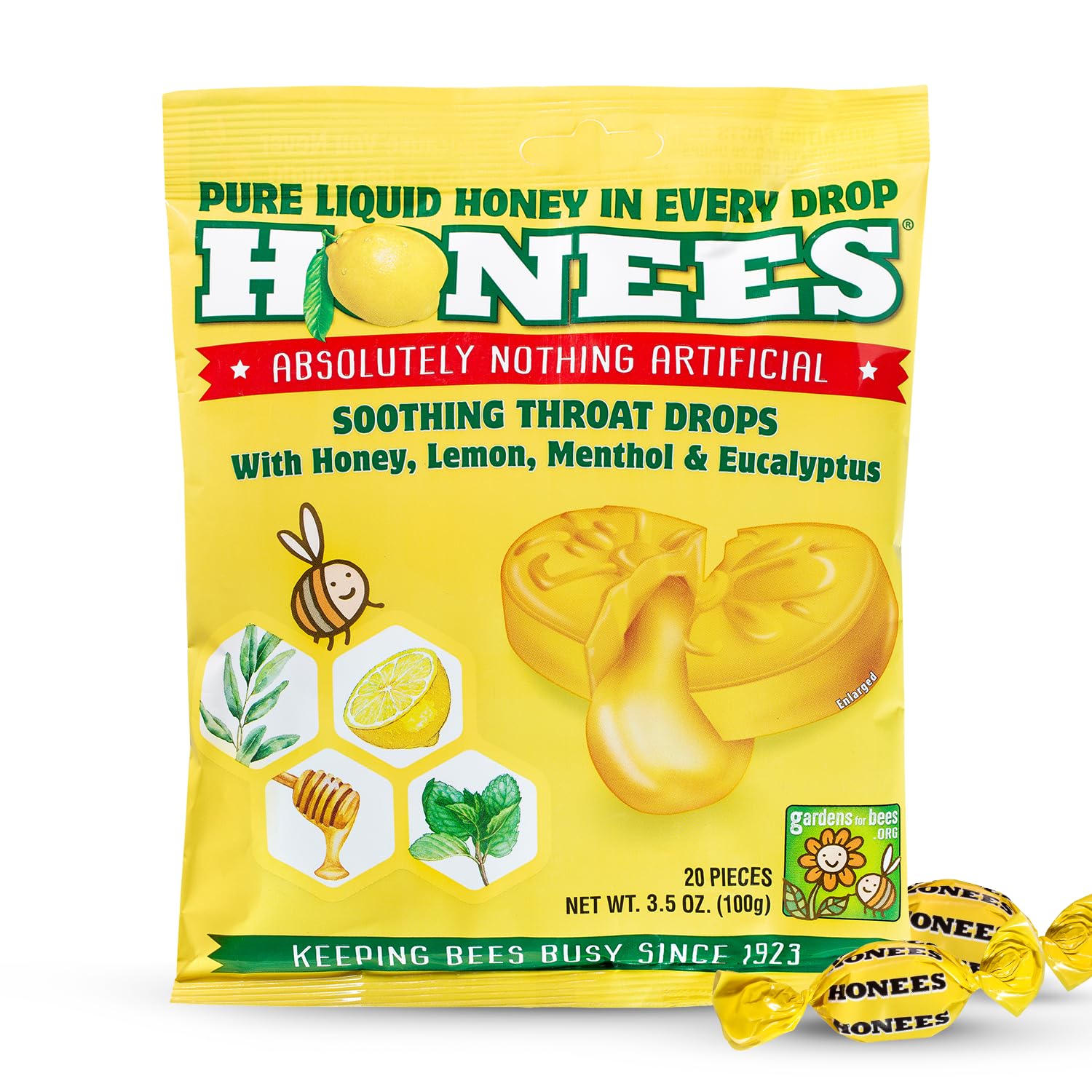 Honees Honey Lemon Menthol Cough Drops, 20 Count Bag