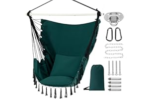 PNAEUT Hanging Hammock Chair with Tassel, Bedroom Swing Chair, Max 500 Lbs, Indoor Outdoor, 2 Cushions Included, Large Fabric Size with Pocket, Steel Spreader Bar, Hardware Kits and Bag (Green)