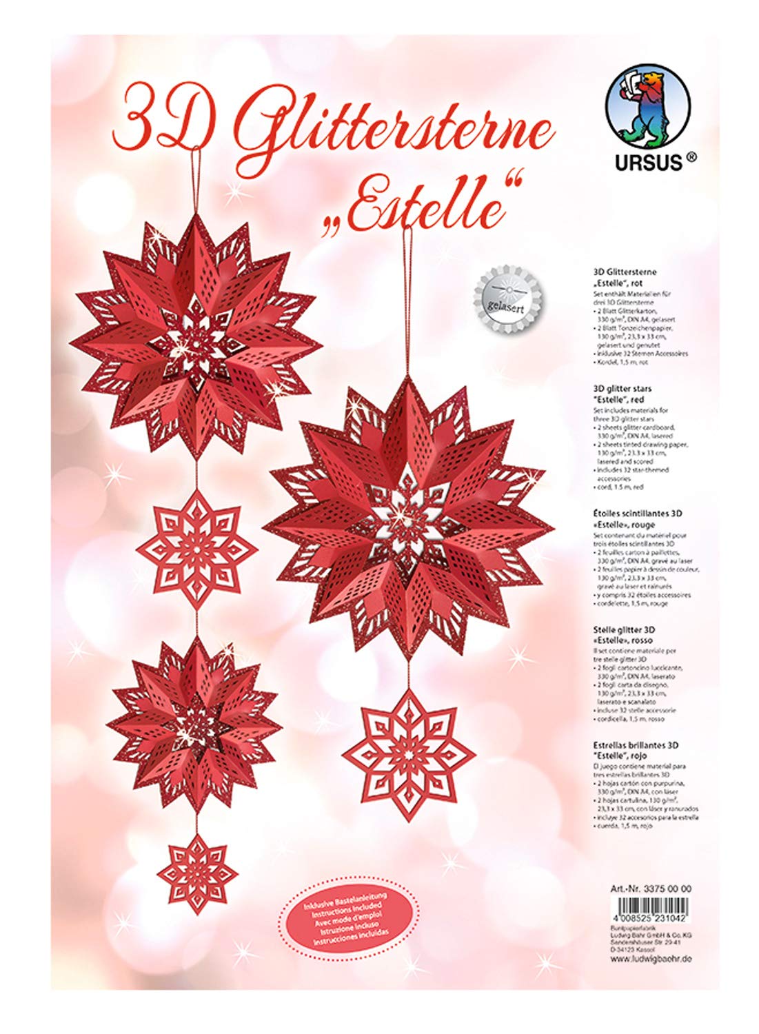 Ursus 33750000 Glitter Star 3D Estelle Red, Material for 3 Stars, in Various Sizes, Includes Star Accessories and Craft Instructions, Ideal for Christmas Crafts