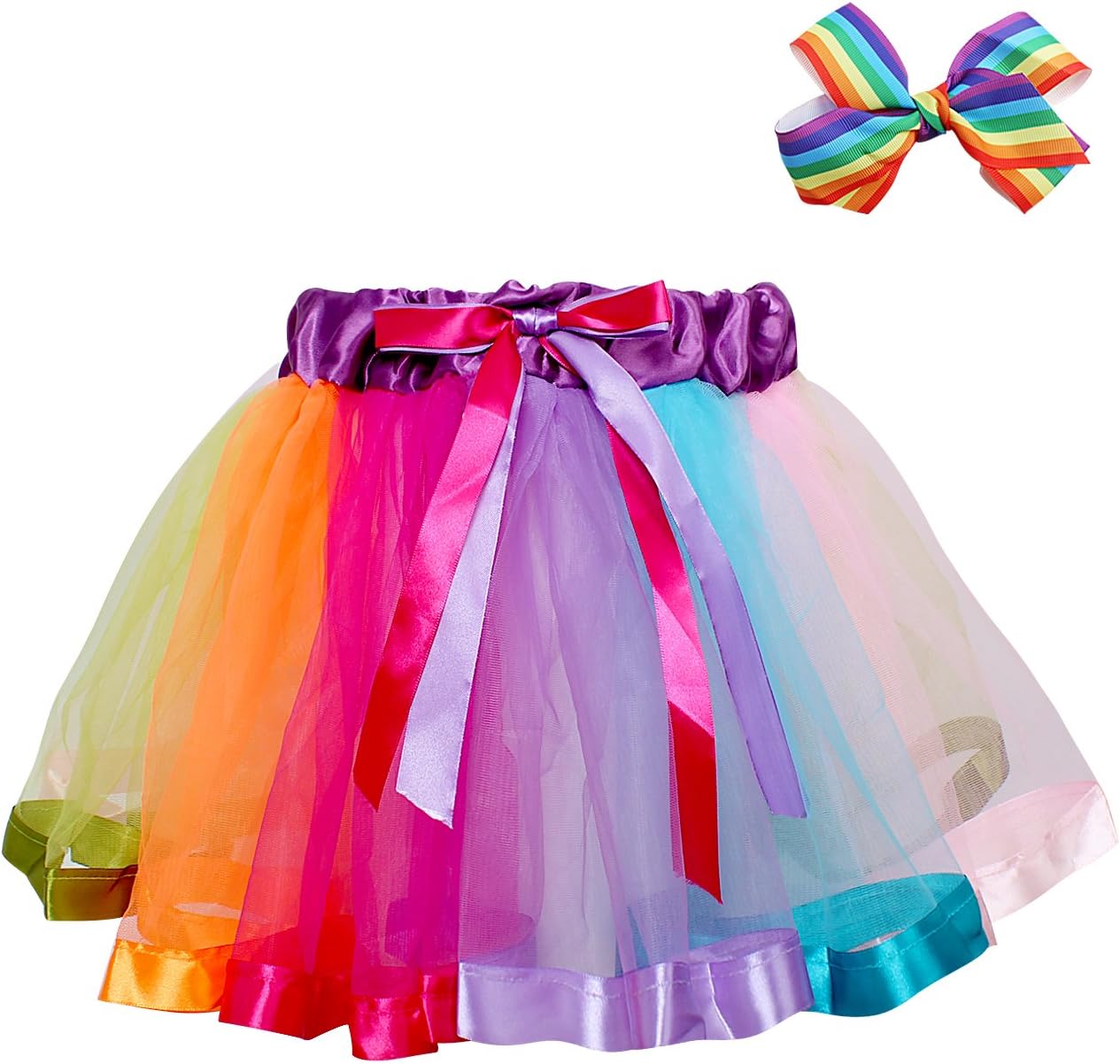 Fedio Girls Layered Fluffy Tulle Rainbow Tutu Skirt for Toddlers Little Girls with Rainbow Hair Bows
