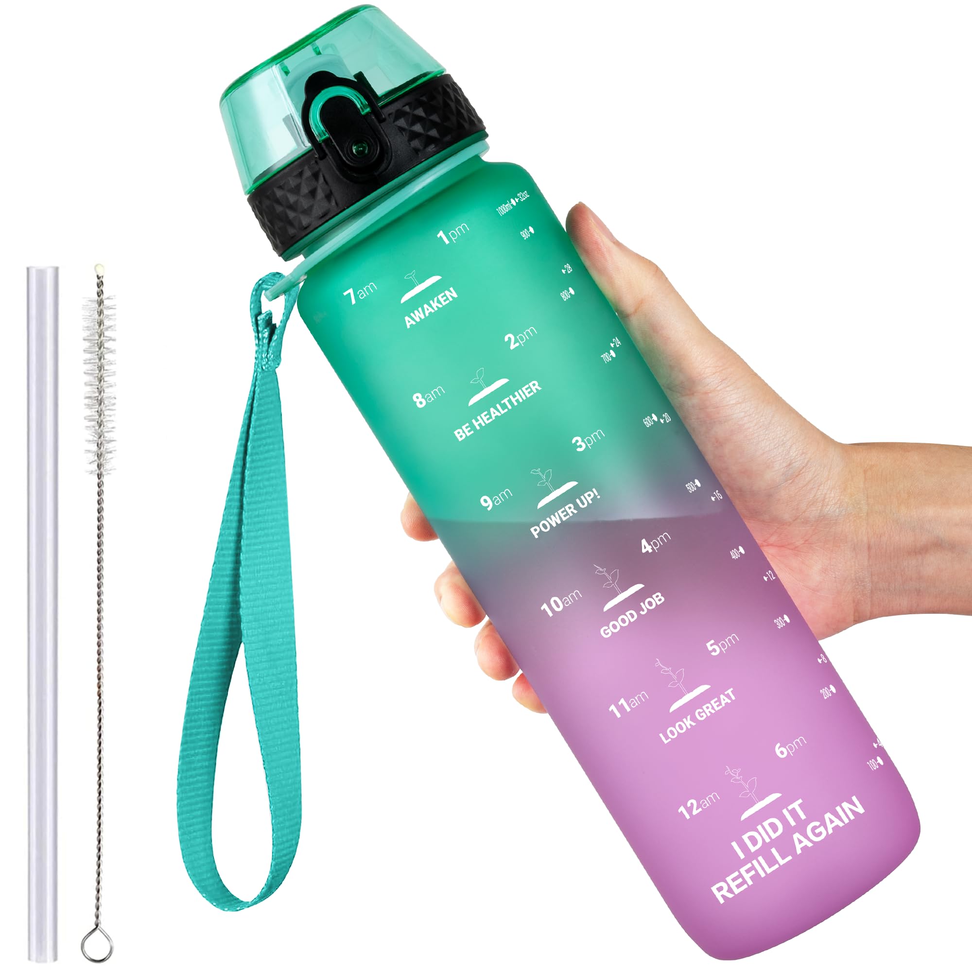 GOPPUS 1L/32oz Tritan Water Bottle with Straw-Soft Matte Finish Leakproof Drink Bottle with Measurements Bottles with Flip Top Motivational Bottles with Time Marks for Adults BPA Free (Green Purple)