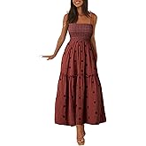 GRMLRPT Women Floral Embroidered Maxi Dress Boho Sleeveless Tie Strap Shoulder Dresses Smocked Summer Sundress with Pockets