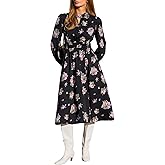 CUPSHE Womens Midi Fall Dresses Fashion High Neck Floral Long Sleeve Smocked Casual A Line Flowy Long Wedding Guest Dress
