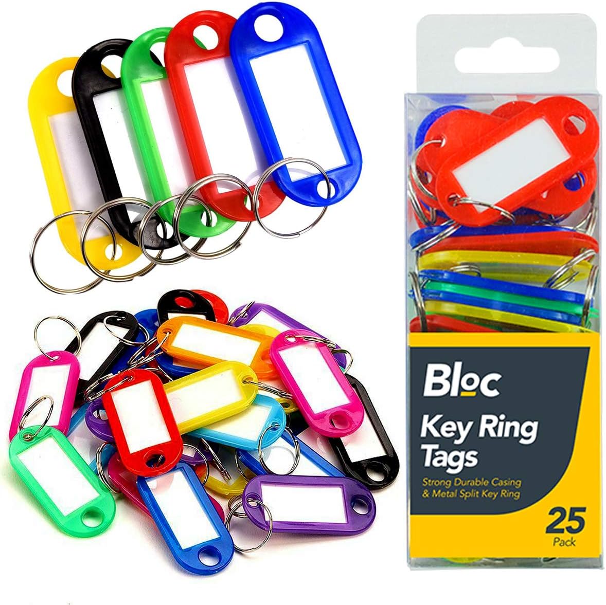 THG® 25 Key Ring Tags Name Tag with Paper Inserts Metal Split Plastic