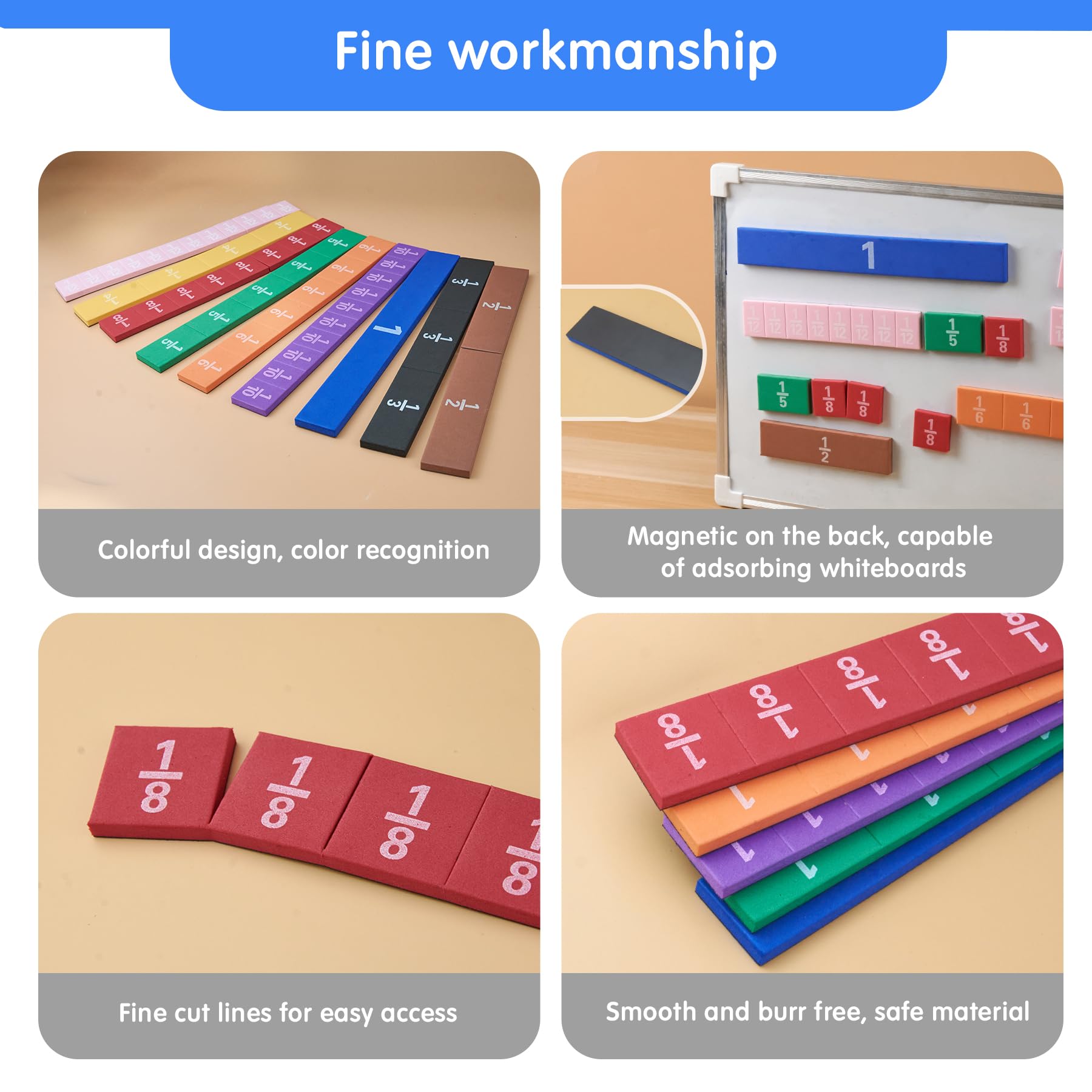 TOMMYHOME Magnetic Fraction Tiles for Kid's Maths Classroom Toys.Standing Teaching aids for Primary classrooms.Help Kids Learn Fractions (Rectangular)