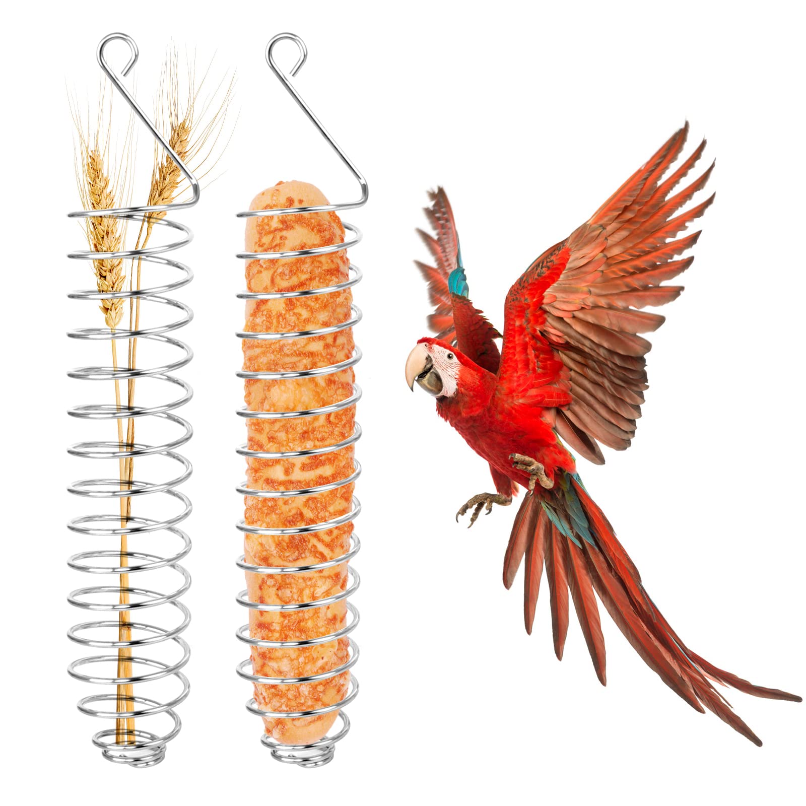Bubuyun 2PCS Hanging Parrot Feeder Bird Fruit Holder Skewer Hanging Parrot Feeder Stainless Steel Bird Skewer for Parrot Bird(15.5×4.4cm) Silver