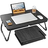BUYIFY 23.4" Foldable Lap Desk Bed Table with Cup Holder Tray Black | Portable Folds Flat for Easy Storage, No Assembly Laptop Bed Desk, Sturdy and Lightweight, Patent Design