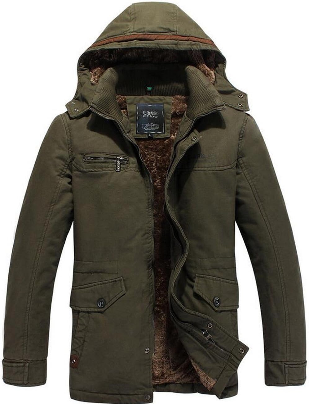 JIINN Mens MultiPocket Winter Thick Warm Cotton Hooded Military Trench