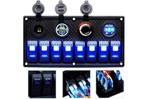 MKING Marine Switch Panel - 8 Gang Waterproof Rocker Panel With Circuit Breaker, USB & Type-C Charger, Digital Voltmeter, Cigarette Socket, 12V Blue LED