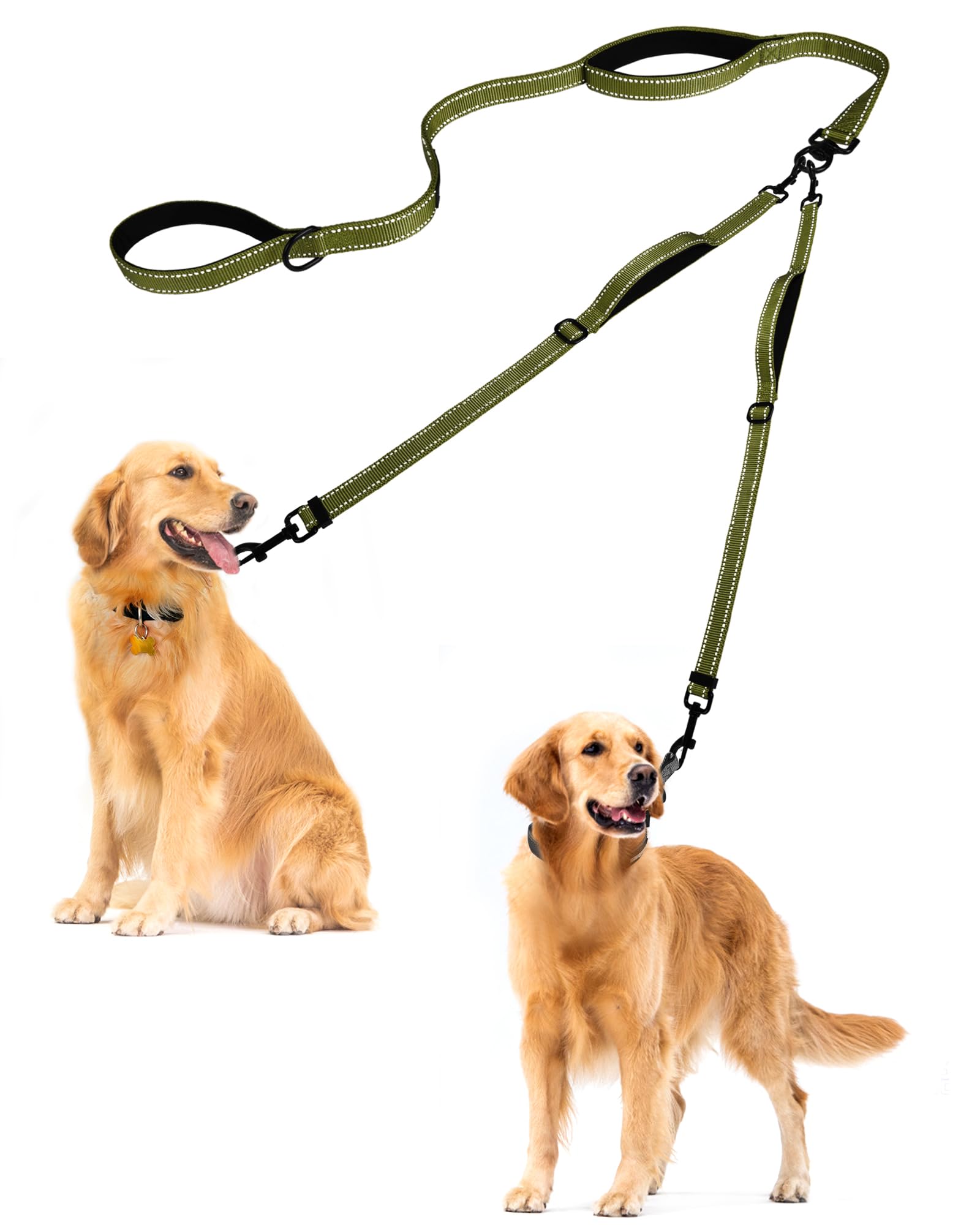 Photo 1 of **PARTIAL SET/ONE TETHER**PetBonus Double Dog Leash, No Tangle Dual Leash, Reflective Walking Training Lead, 4 Comfortable Padded Handles for 2 Dogs with Collapsible Bowl and Waste Bags (Army Green, Large)
