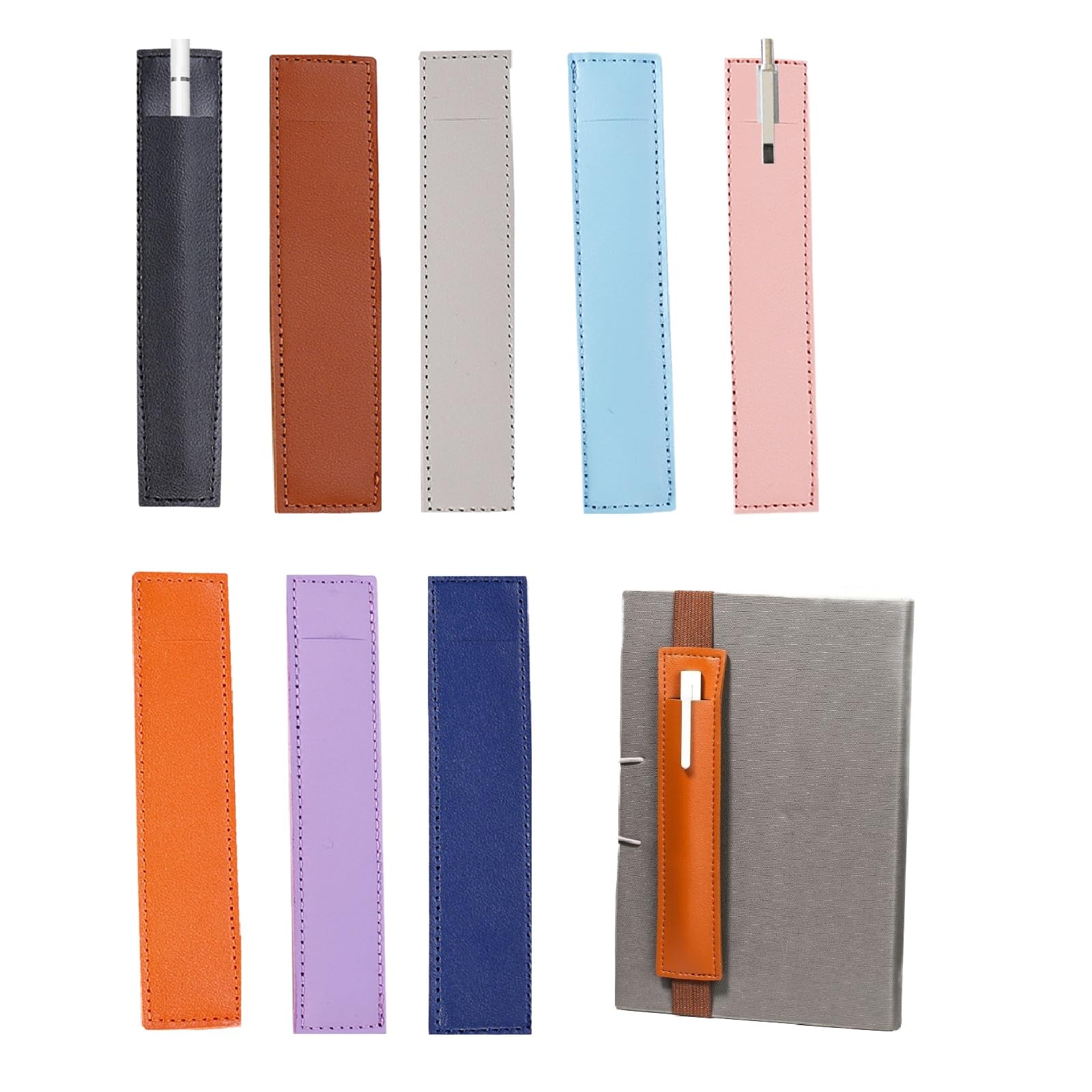 Bekecidi 8 PCS PU Leather Pen Sleeve Pouch Adjustable Elastic Band Pen Holder Pencil Holder Case Pen Pouch for Notebook Books Planners Binders Books, 8 Colors — image 1