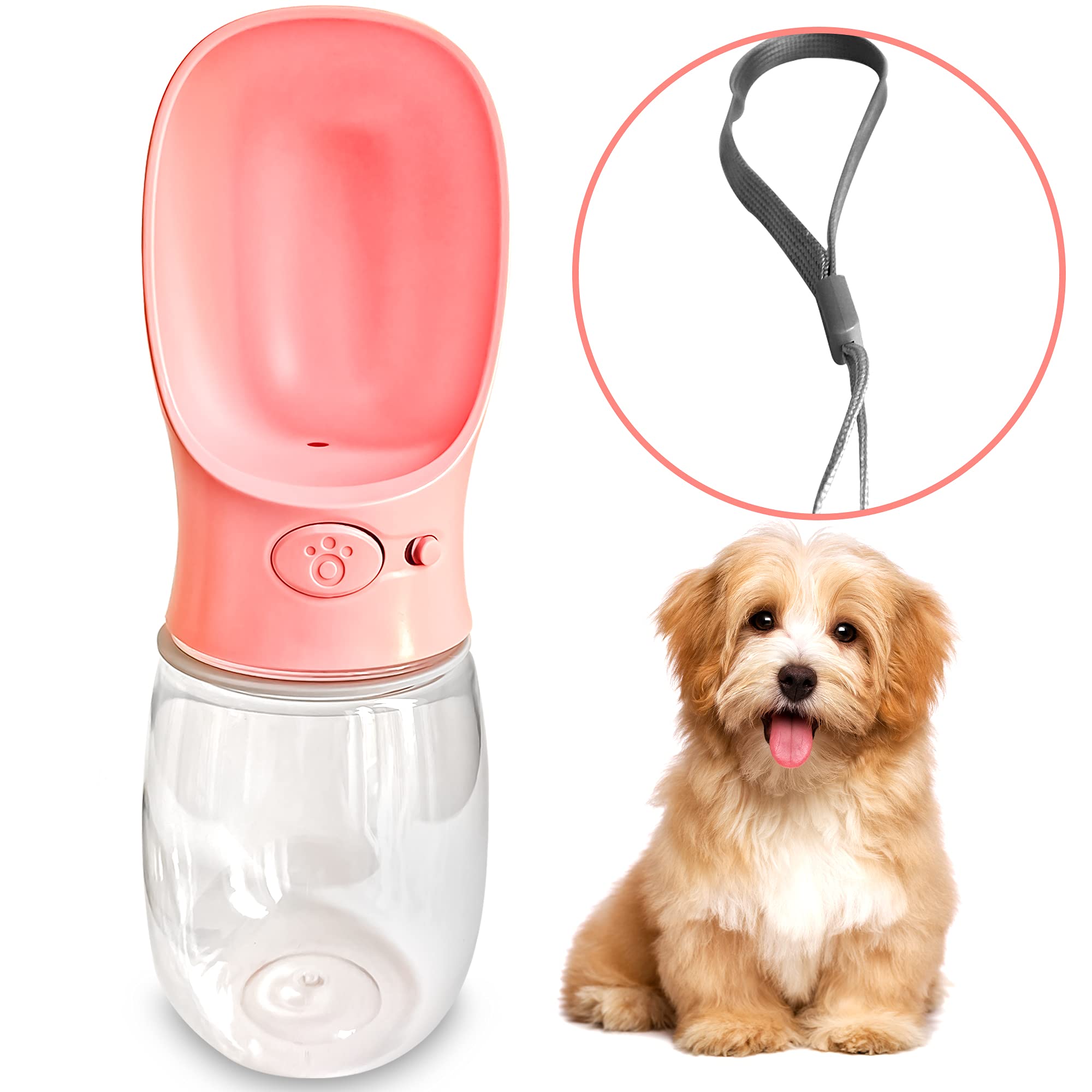 Opucore Dog Water Bottle - Leak Proof Portable Puppy Water Dispenser | Pets Outdoor Walking, Hiking, Travel, Drinking Water Bottle Bowl | Dog Accessories Gift - 550mls (550 mls, Pink)