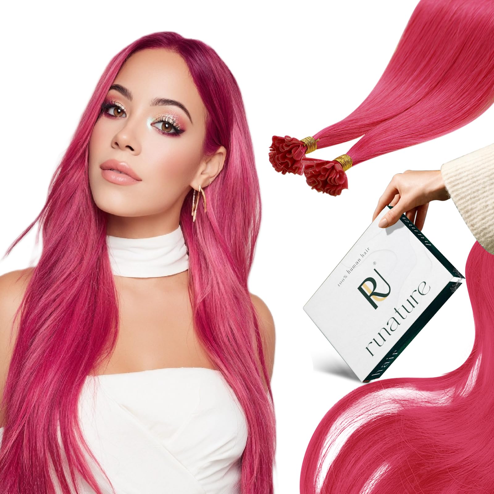 RUNATURE U Tip Hair Extensions Pink Real Hair Colored PreBonded Hair Extensions Pink U Tipped Hair Extension Hot Fusion U Tip Extensions 14 Inch 20g — image 1