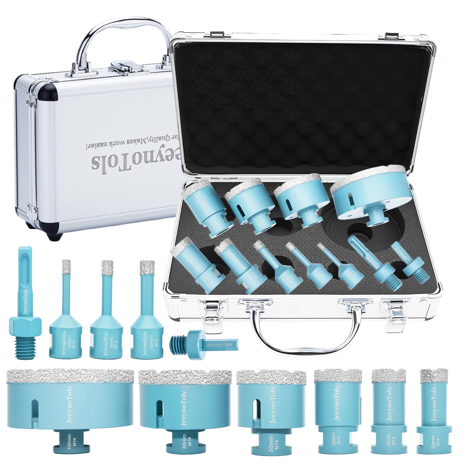 JeeynoTols Diamond Core Drill Bit Kit - 11pcs(6/8/10/20/25/35/50/68/100mm+HEX Shank Adapter&SDS Plus Adapter) for Porcelain Ceramic Granite Marble Masonry Stone with M14 thread