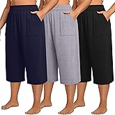 Neer 3 Pack Women Plus Size Capris Cotton Wide Leg Cropped Pants Casual Elastic Waist Loose Fit Lounge Sweatpants with Pocket